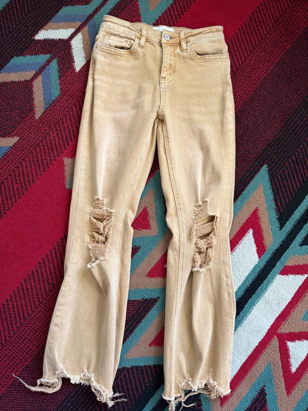 High-Rise Wide-Leg Distressed Jeans in Tan
